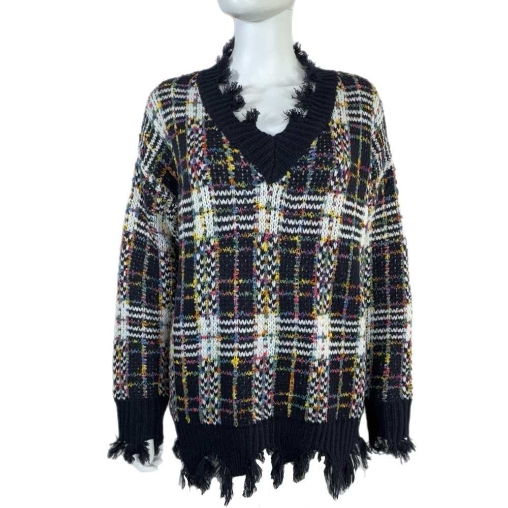 Jodifl Multicolor Knit Plaid Fringe Edge V-Neck Oversized Sweater